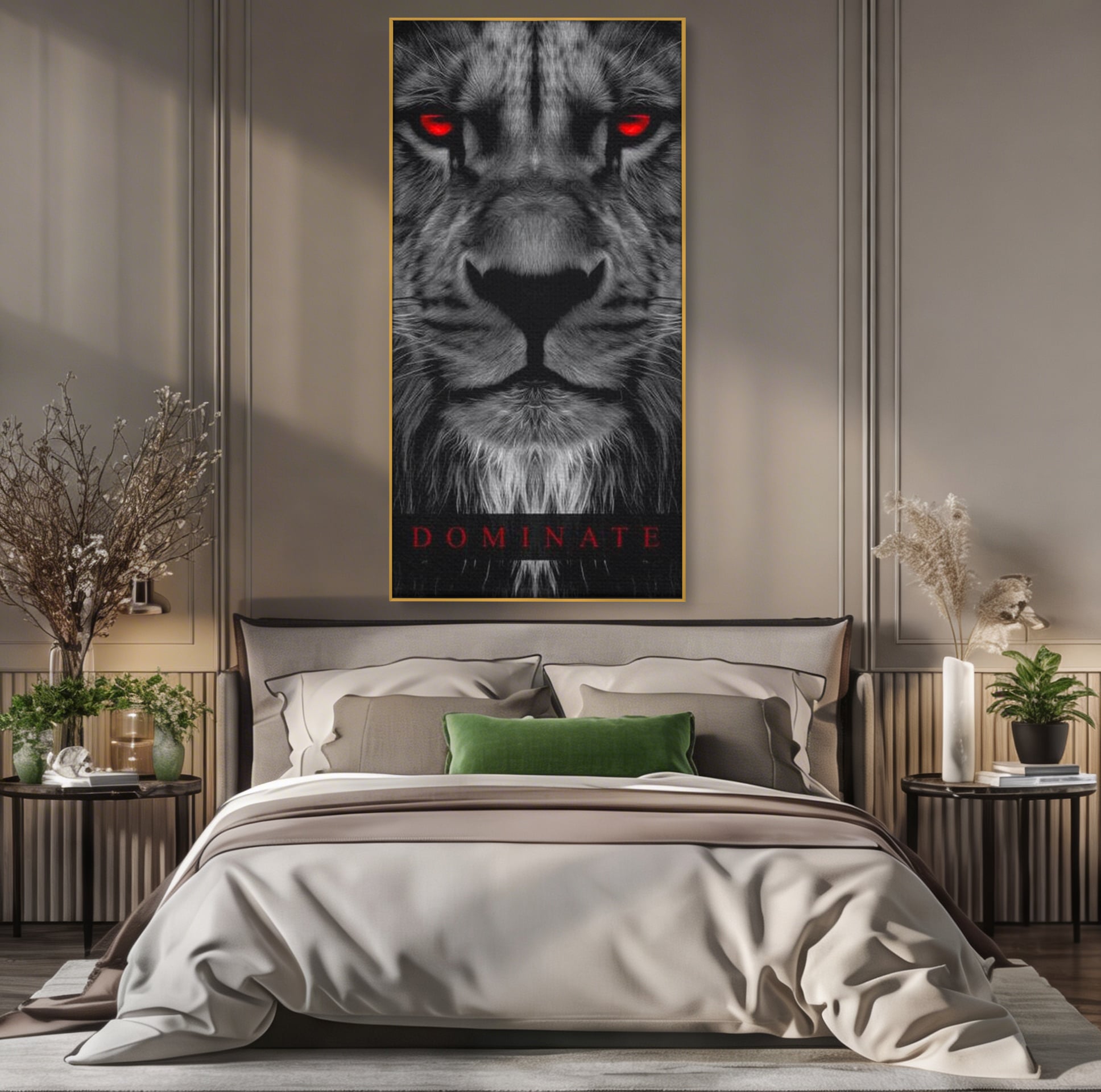 Tablou canvas cu tablou canvas cu leu alb-negru, in rama de aluminiu auriu, pe perete intr-un dormitor
